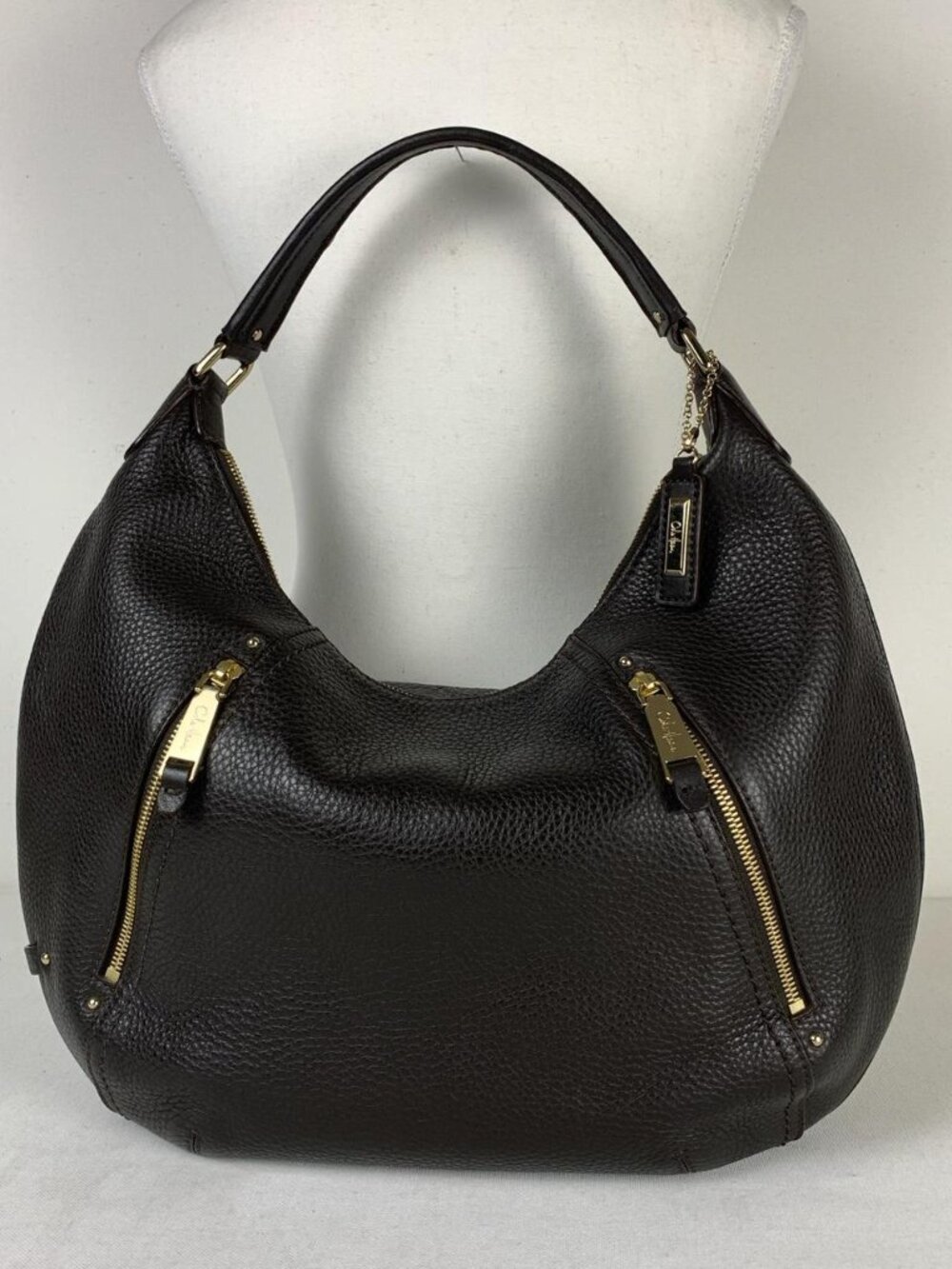 Cole Haan Elegant Black Leather Hobo Bag with Gold Hardware - Chic & Spacious!